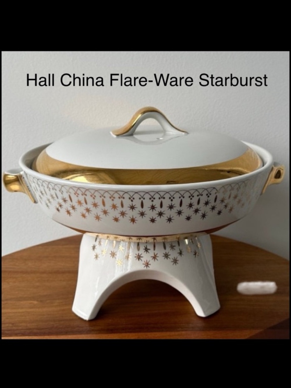 Hall China Starburst Flare Ware Casserole Pedestal Set Atomic MCM Gold Lid Dish
